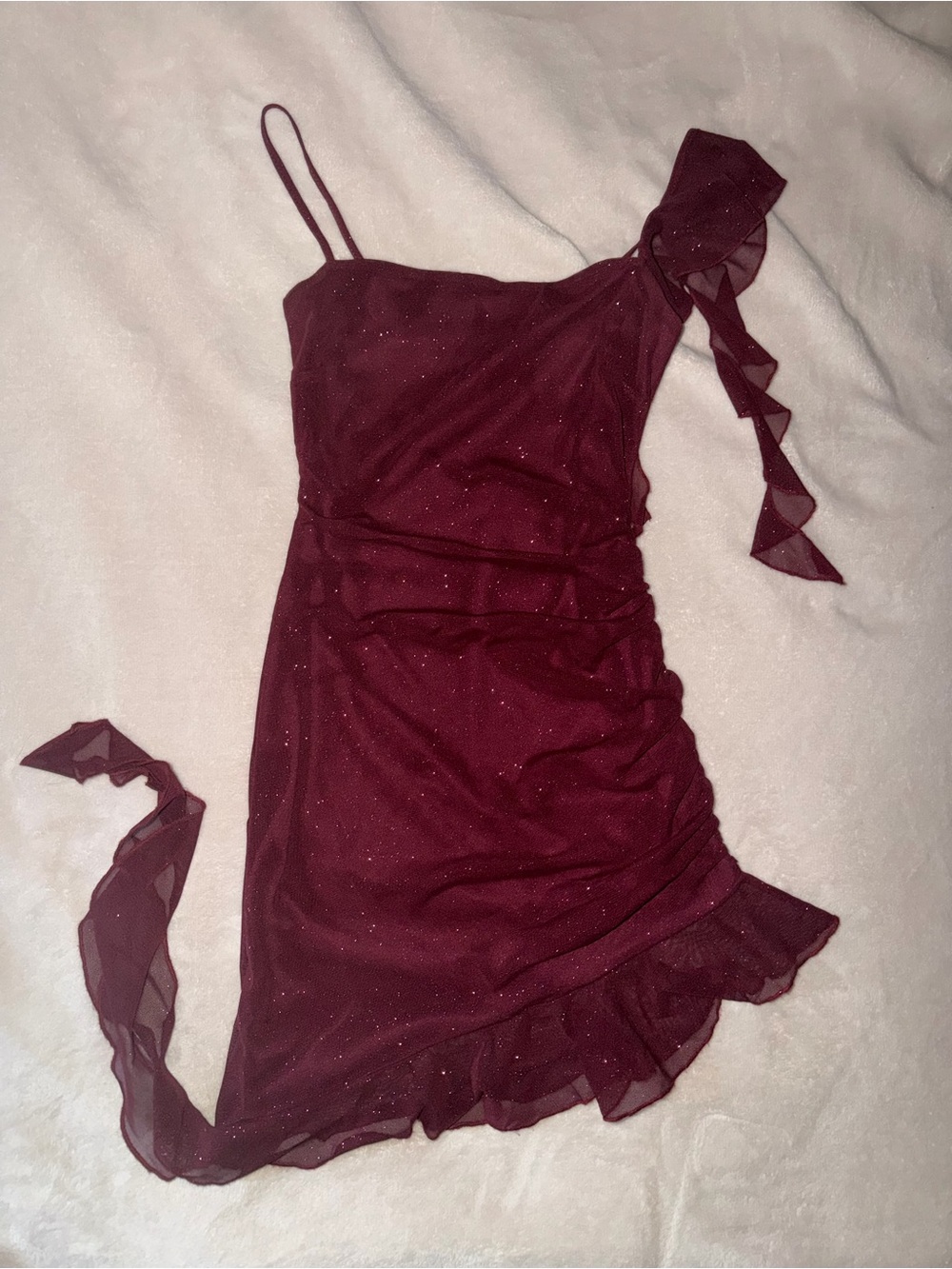 Lovely Day One-Shoulder Wine Ruffle Dress with Sparkle